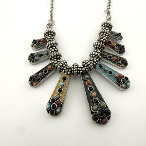 Boho Southwestern Statement Necklace Silver Multicolor Enamel Rhinestone 20”